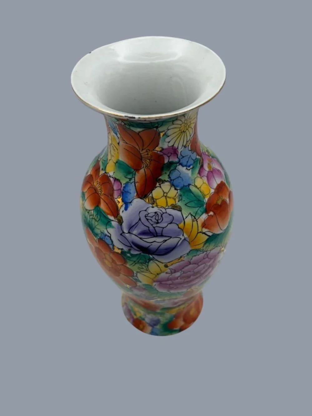 VTG Chinese Mille Fleur Rose Floral Porcelain Vase Hand Painted Gold Accents